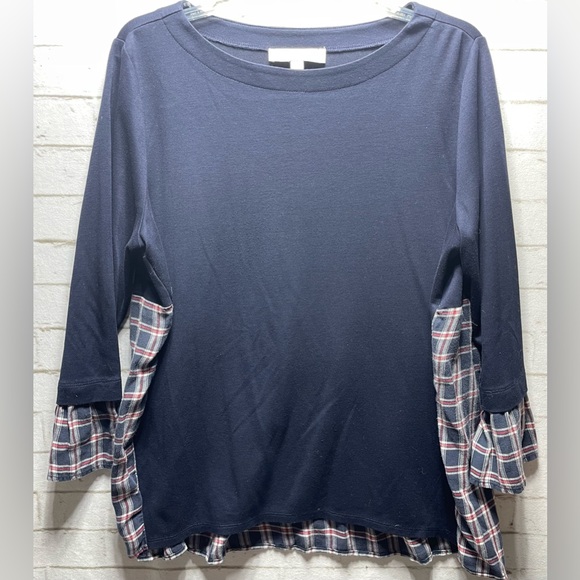 Loft Women’s Large Navy Blue Plaid Mixed Media Bell Cuff Lightweight Top - Picture 3 of 6